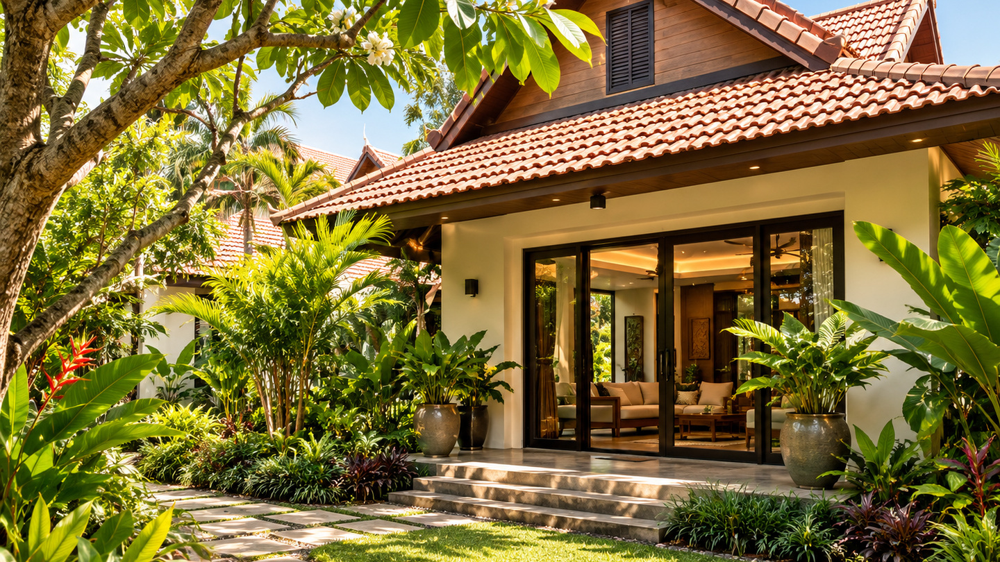 Siem Reap Garden House surrounded by tropical landscaping